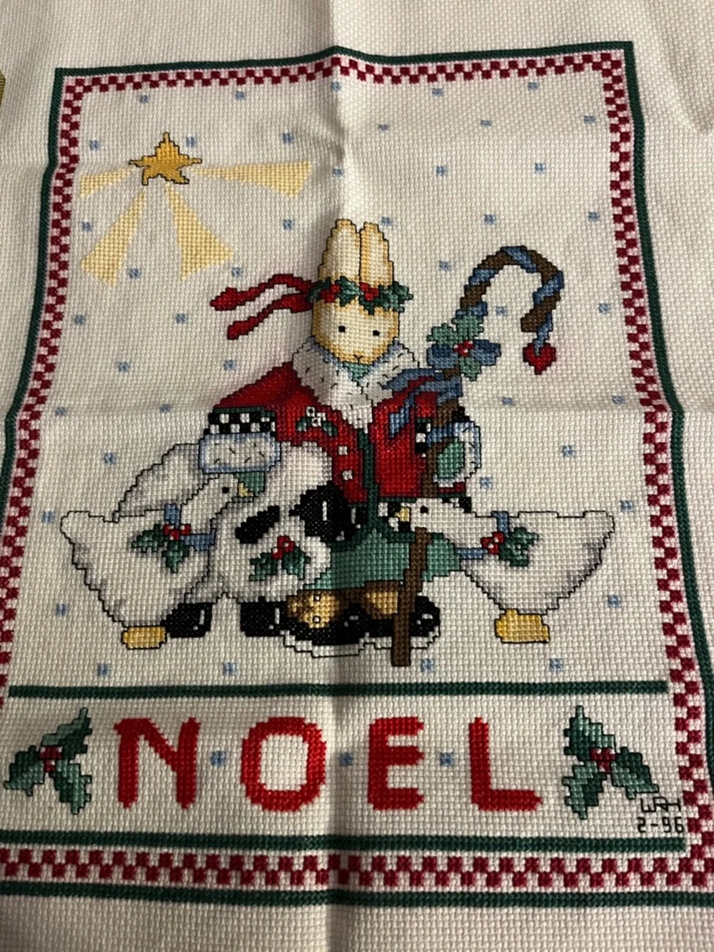 Hand Cross stitched Noel Wall Hanging in White, Red,